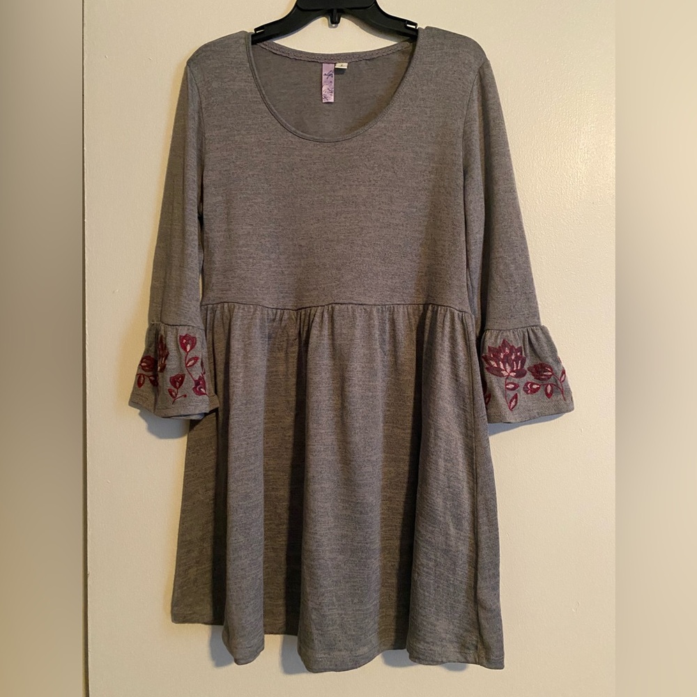 Alya Gray Dress with Red Embroidered Sleeves